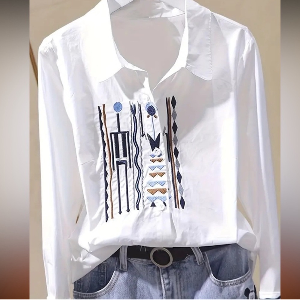 🎁 New! 100% Organic Cotton Trendy Embroidered Button-Front Blouse/Shirt